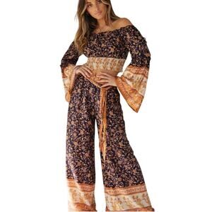 JJwm Woman Bohemian Navy & Sienna Floral Two Piece Belted Pants Set Large